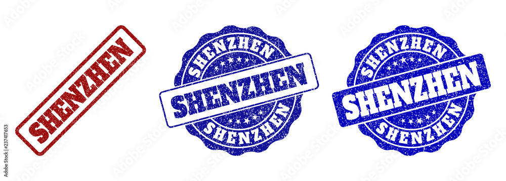 SHENZHEN scratched stamp seals in red and blue colors. Vector SHENZHEN labels with scratced texture. Graphic elements are rounded rectangles, rosettes, circles and text labels.
