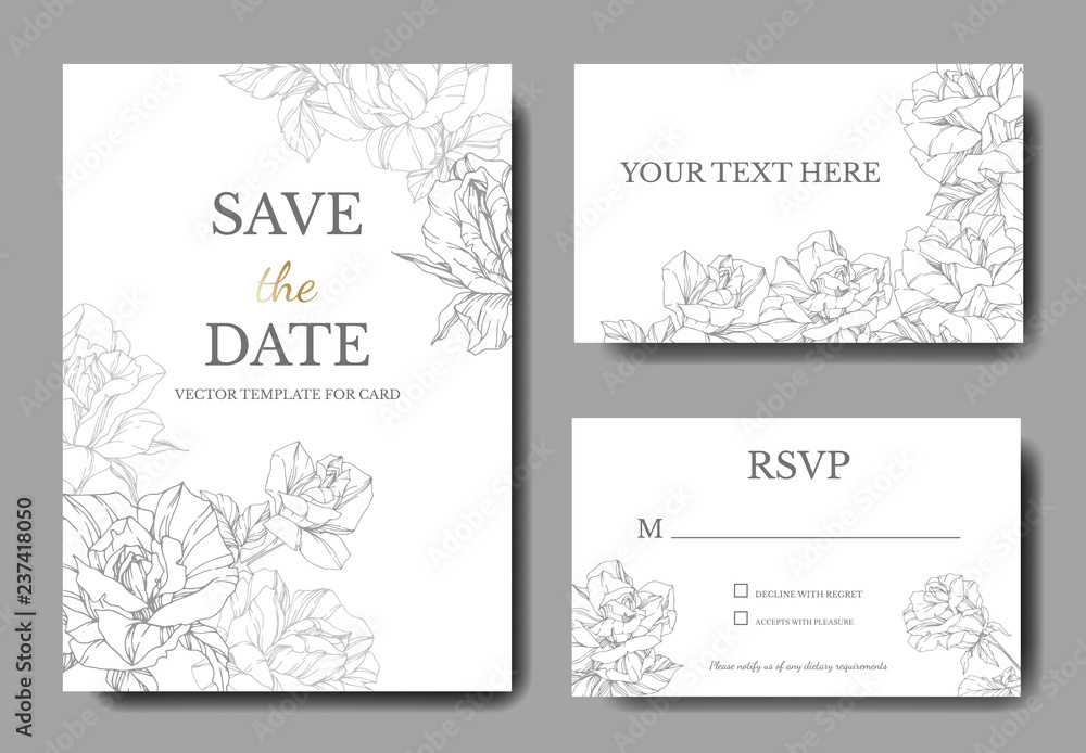 Vector Rose. Wedding background card engraved ink art. Thank you, rsvp, invitation elegant graphic set banner.