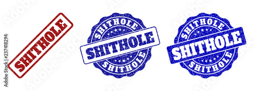 SHITHOLE grunge stamp seals in red and blue colors. Vector SHITHOLE overlays with grunge effect. Graphic elements are rounded rectangles, rosettes, circles and text labels.