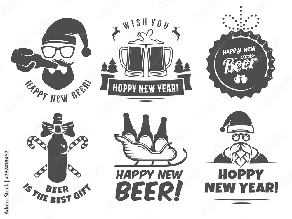 New year craft beer logos and badges. Vector christmas beer labels with Santa, bottles, mugs, sleigh and holiday decoration for bar or pub