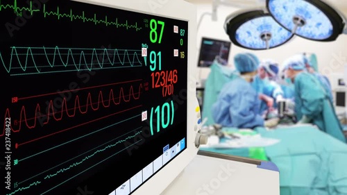 Vital Sign Monitoring in Operation Room with Surgeons on Background