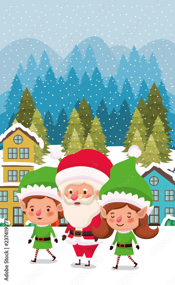 couple helpers with santa claus in snowscape couple helpers with santa claus in snowscape