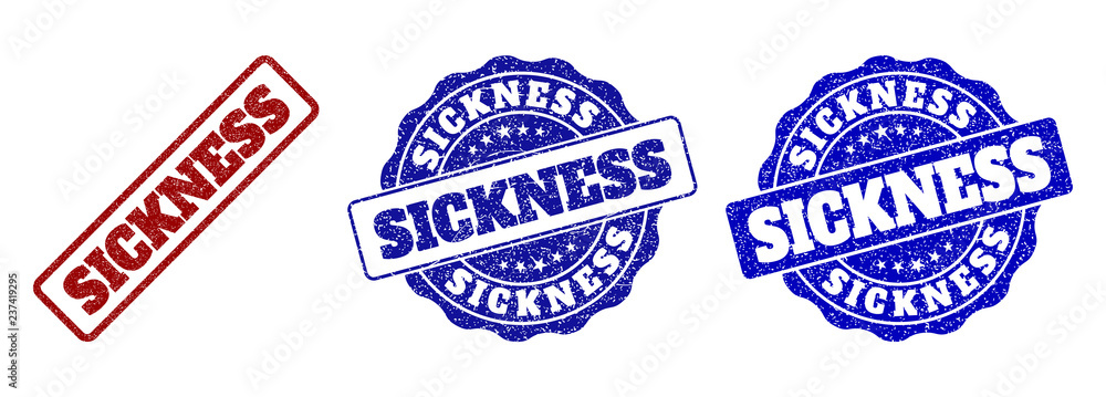 SICKNESS grunge stamp seals in red and blue colors. Vector SICKNESS signs with grunge effect. Graphic elements are rounded rectangles, rosettes, circles and text titles.