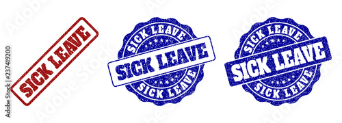 SICK LEAVE scratched stamp seals in red and blue colors. Vector SICK LEAVE signs with grainy surface. Graphic elements are rounded rectangles, rosettes, circles and text captions.