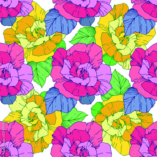 Vector rose flower. Yellow and pink color engraved ink art. Seamless background pattern. Fabric wallpaper print texture.