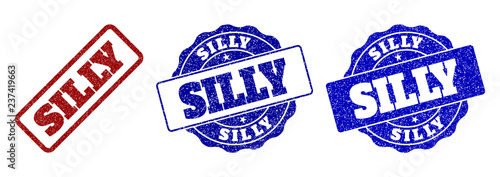 SILLY grunge stamp seals in red and blue colors. Vector SILLY signs with dirty texture. Graphic elements are rounded rectangles, rosettes, circles and text captions.
