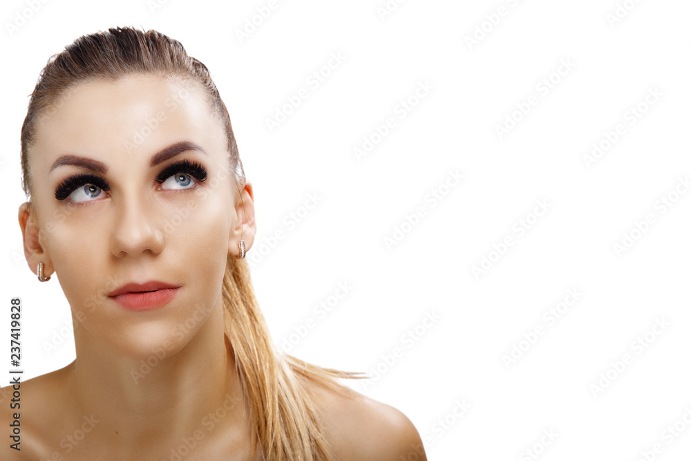 Eyelash Extension Procedure. Woman Eye with Long Eyelashes. Close up, selective focus. Hollywood, russian volume. Copyspace. Eyelash Extension Procedure. Woman Eye with Long Eyelashes. Close up, selective focus. Hollywood, russian volume. Copyspace.