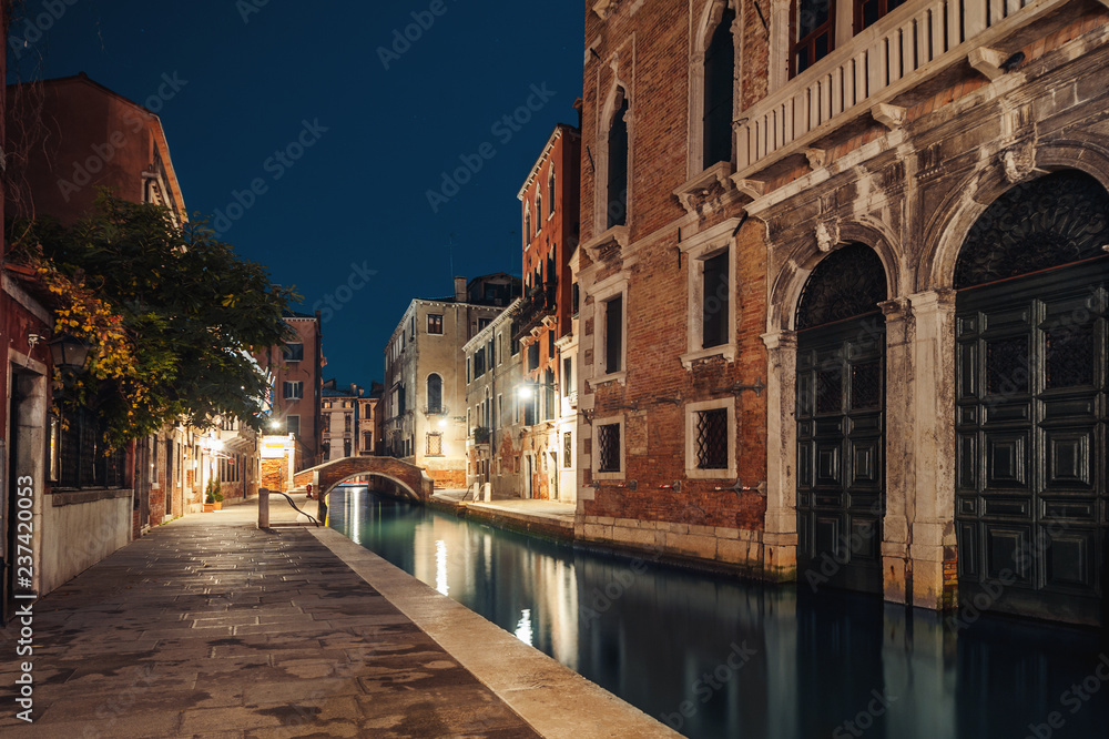 Venice, Italy. colorful buildings on the old night street