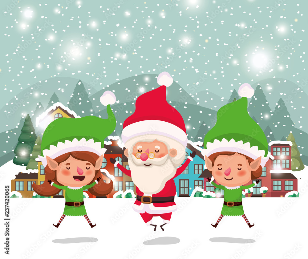couple helpers with santa claus in snowscape couple helpers with santa claus in snowscape