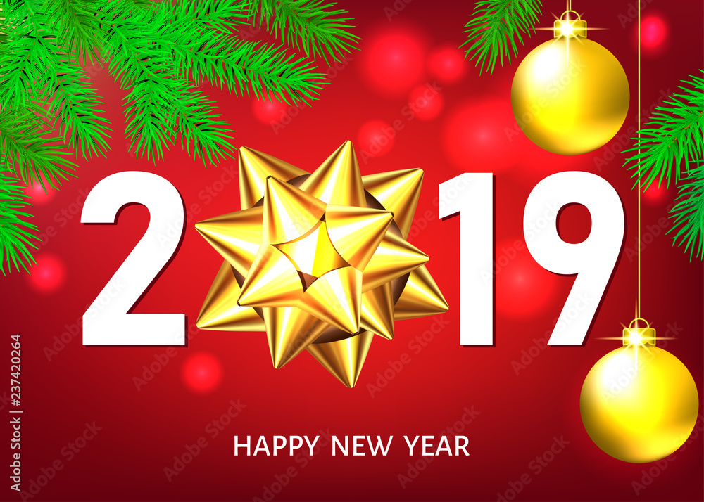 2019  New Year  background with golden gift bow and balls.