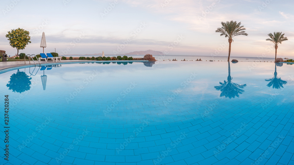 open pool on the shores of the exotic ocean and the reflection of palm trees in the water. summer landscape. panoramic picture