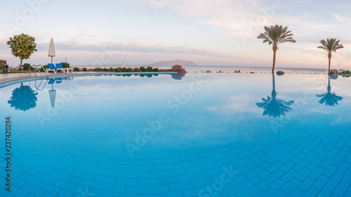 open pool on the shores of the exotic ocean and the reflection of palm trees in the water. summer landscape. panoramic picture