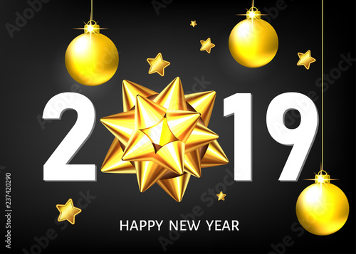 2019 New Year black background with golden gift bow and balls.