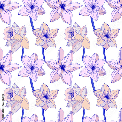 Vector Narcissus flower. Purple engraved ink art. Seamless pattern. Fabric wallpaper print texture.