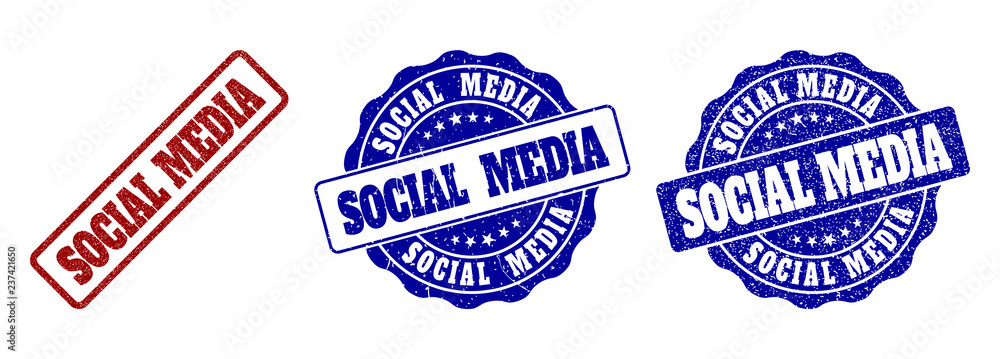 SOCIAL MEDIA grunge stamp seals in red and blue colors. Vector SOCIAL MEDIA marks with grunge effect. Graphic elements are rounded rectangles, rosettes, circles and text captions.