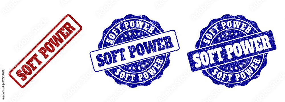 SOFT POWER grunge stamp seals in red and blue colors. Vector SOFT POWER signs with grunge effect. Graphic elements are rounded rectangles, rosettes, circles and text labels.