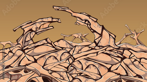 painted background of a fantastic landscape of stone blocks