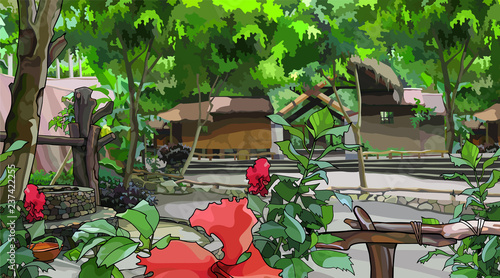 painted courtyard landscape with buildings and tropical plants