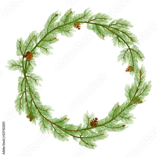 Realistic Christmas wreath from fir tree branches. Template for a banner, poster, invitation. Vector illustration for your design