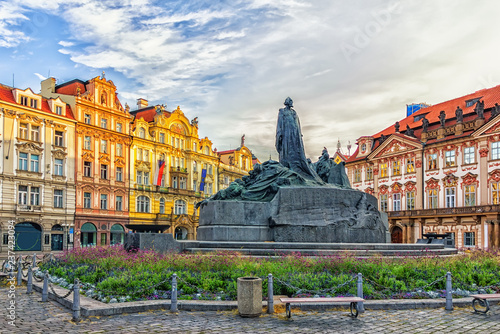 The Jan Hus Memorial in Old Town Square of Prague, Czech Republi photo