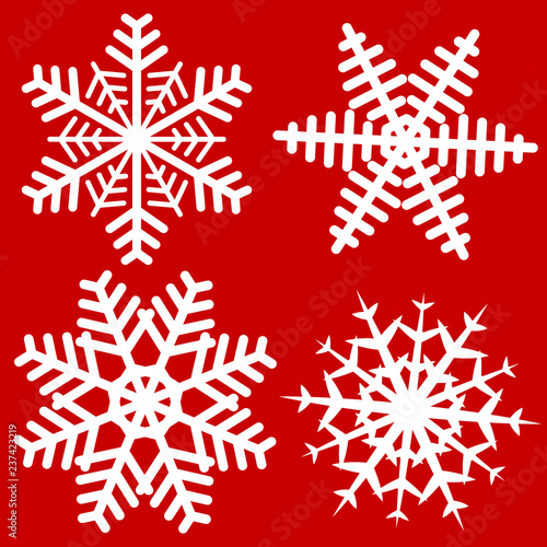 Set of 4 Simple Isolated Snowflake on Red Background. Vector Design Elements for Merry Christmas and New Year