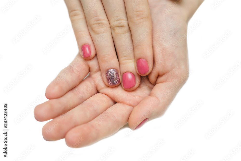 Hands with long artificial manicured nails colored with red nail polish Hands with long artificial manicured nails colored with red nail polish