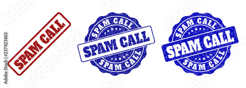 SPAM CALL grunge stamp seals in red and blue colors. Vector SPAM CALL marks with grunge texture. Graphic elements are rounded rectangles, rosettes, circles and text captions.