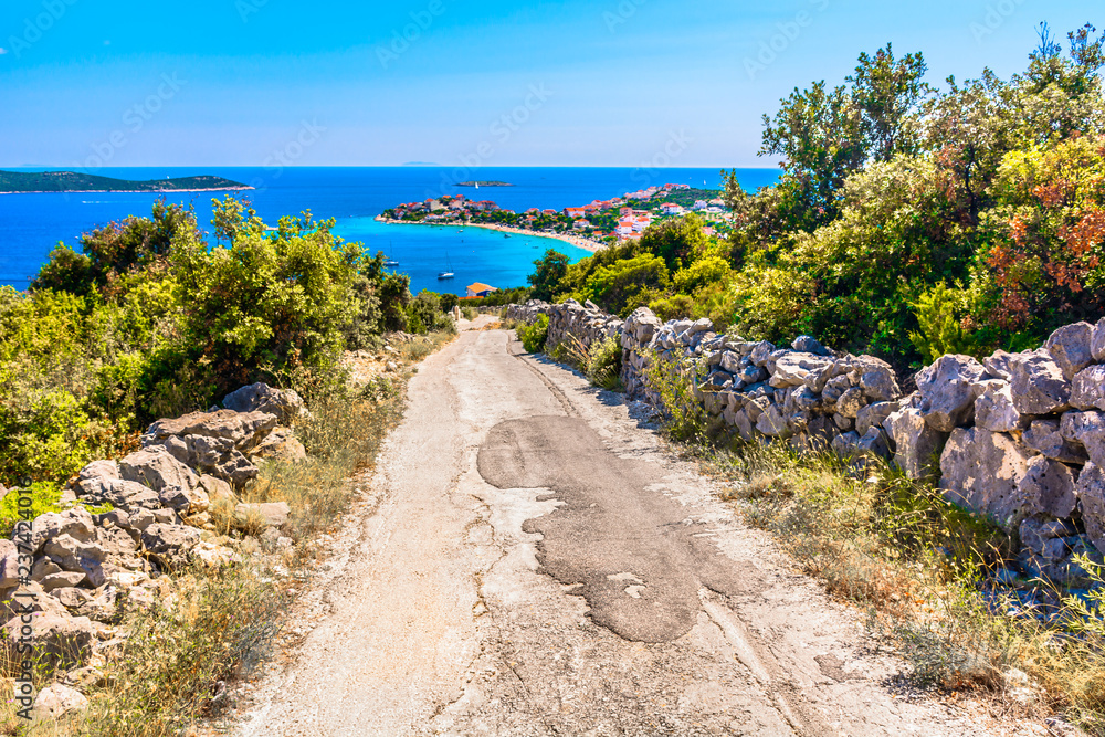 Fototapeta premium Dalmatia Sevid landscape nature. / Aerial view small picturesque town Sevid in Dalmatia region, summer travel places.