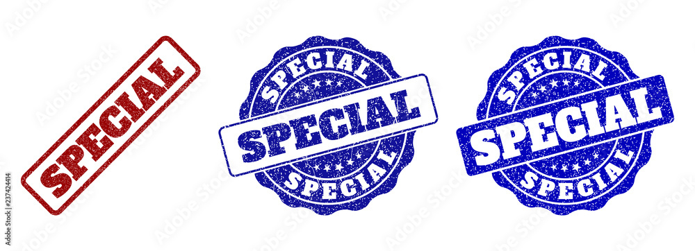 SPECIAL grunge stamp seals in red and blue colors. Vector SPECIAL imprints with grunge style. Graphic elements are rounded rectangles, rosettes, circles and text tags. SPECIAL grunge stamp seals in red and blue colors. Vector SPECIAL imprints with grunge style. Graphic elements are rounded rectangles, rosettes, circles and text tags.