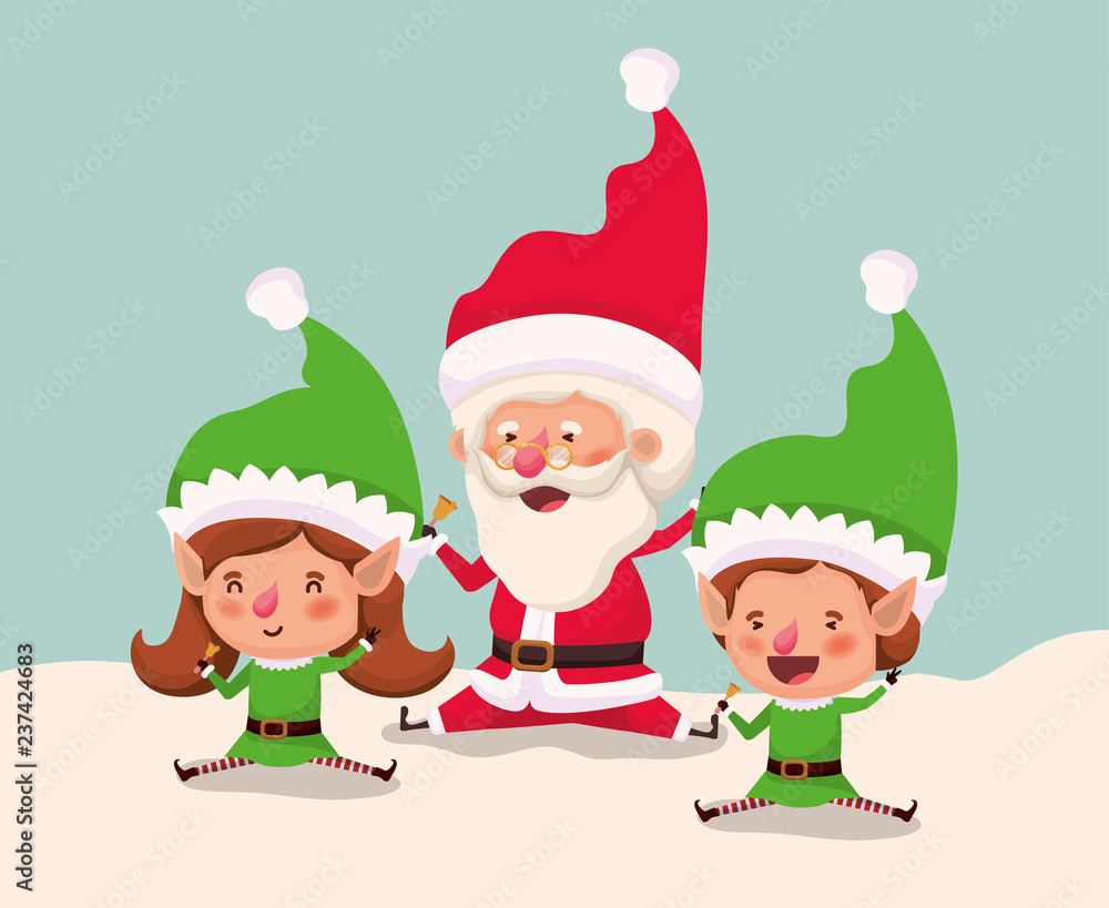 couple helpers with santa claus in snowscape couple helpers with santa claus in snowscape