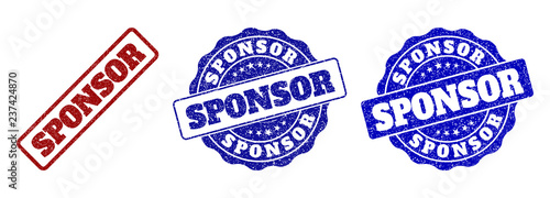 SPONSOR grunge stamp seals in red and blue colors. Vector SPONSOR watermarks with grunge effect. Graphic elements are rounded rectangles, rosettes, circles and text tags.