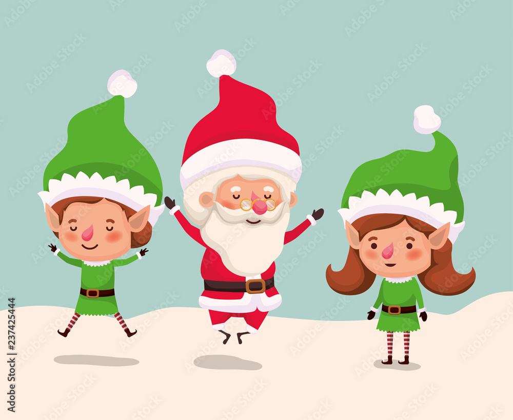 couple helpers with santa claus in snowscape couple helpers with santa claus in snowscape