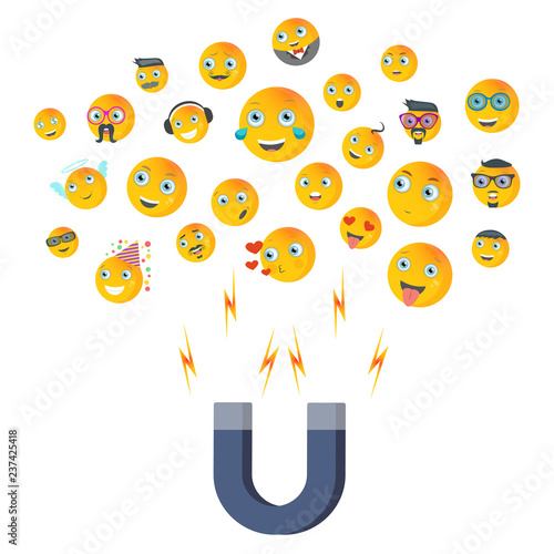 The concept of attracting success and likes. Magnet attracting likes, followers, visitors, partners and reaction smileys in social networks. Vector illustration.