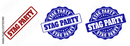 STAG PARTY grunge stamp seals in red and blue colors. Vector STAG PARTY overlays with grunge texture. Graphic elements are rounded rectangles, rosettes, circles and text tags.