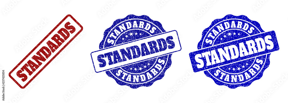 STANDARDS grunge stamp seals in red and blue colors. Vector STANDARDS overlays with grunge texture. Graphic elements are rounded rectangles, rosettes, circles and text tags.