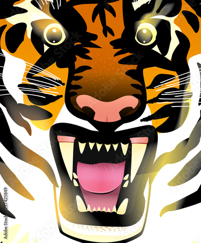 Fototapeta Naklejka Na Ścianę i Meble -  Illustration of an aggressive orange magic fire tiger's muzzle. Vector. Fantasy.