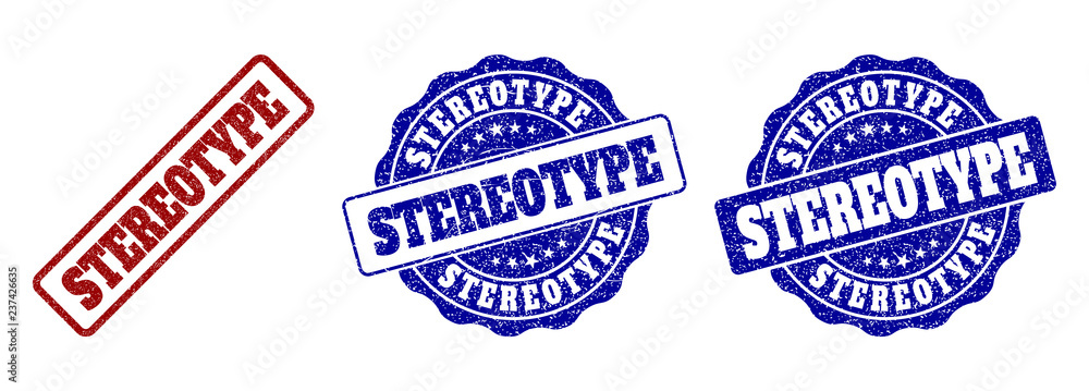 STEREOTYPE grunge stamp seals in red and blue colors. Vector STEREOTYPE signs with scratced style. Graphic elements are rounded rectangles, rosettes, circles and text captions.