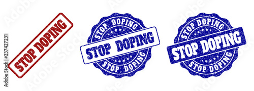 STOP DOPING scratched stamp seals in red and blue colors. Vector STOP DOPING labels with grunge surface. Graphic elements are rounded rectangles, rosettes, circles and text labels.