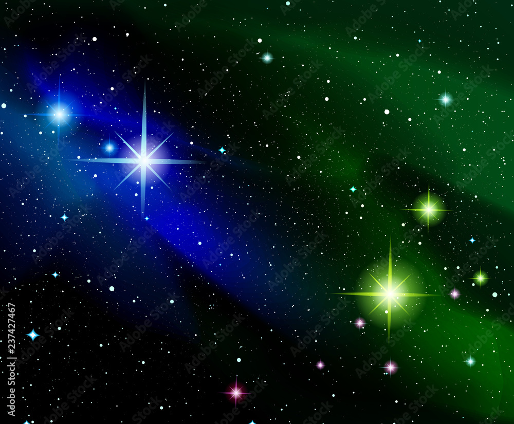 Fototapeta premium Vector illustration. Shining stars. Fantasy. Cosmos; Outdoor space. Blue and green galaxies and constellations.