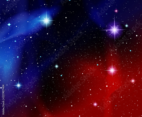 Vector illustration. Shining stars. Fantasy. Cosmos; Outdoor space. Red and blue galaxies and constellations.