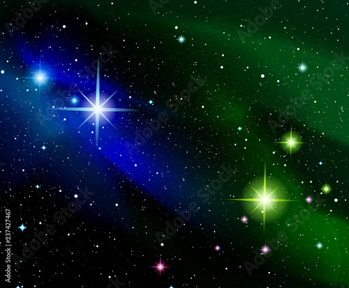 Vector illustration. Shining stars. Fantasy. Cosmos; Outdoor space. Blue and green galaxies and constellations.