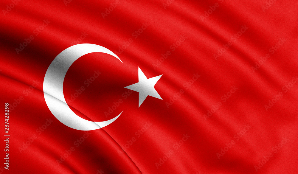 Turkey flag 3D of white moon and star on red color background. Turkish republic European country official national flag waving curved fabric or waves texture. Stock Illustration |