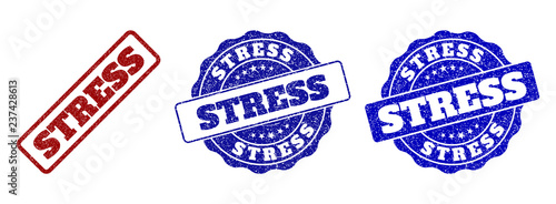 STRESS grunge stamp seals in red and blue colors. Vector STRESS marks with grunge effect. Graphic elements are rounded rectangles, rosettes, circles and text labels.