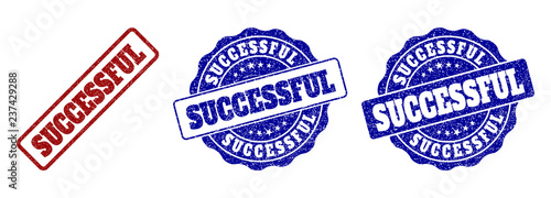 SUCCESSFUL grunge stamp seals in red and blue colors. Vector SUCCESSFUL marks with grunge style. Graphic elements are rounded rectangles, rosettes, circles and text titles.