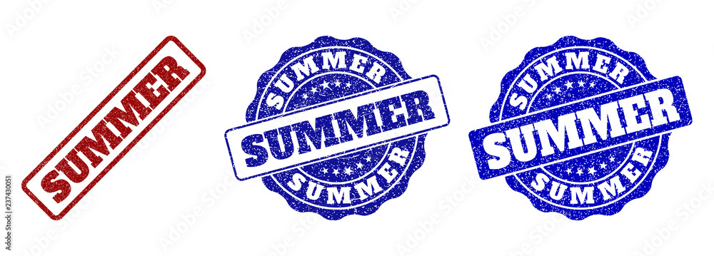 SUMMER grunge stamp seals in red and blue colors. Vector SUMMER imprints with grunge surface. Graphic elements are rounded rectangles, rosettes, circles and text labels.