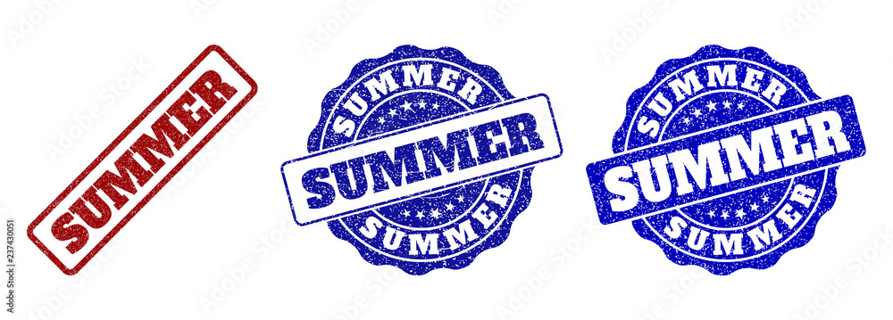 SUMMER grunge stamp seals in red and blue colors. Vector SUMMER imprints with grunge surface. Graphic elements are rounded rectangles, rosettes, circles and text labels. SUMMER grunge stamp seals in red and blue colors. Vector SUMMER imprints with grunge surface. Graphic elements are rounded rectangles, rosettes, circles and text labels.