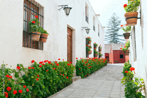 Narrow street with old stone houses decorated with red geranium flowers in bloom