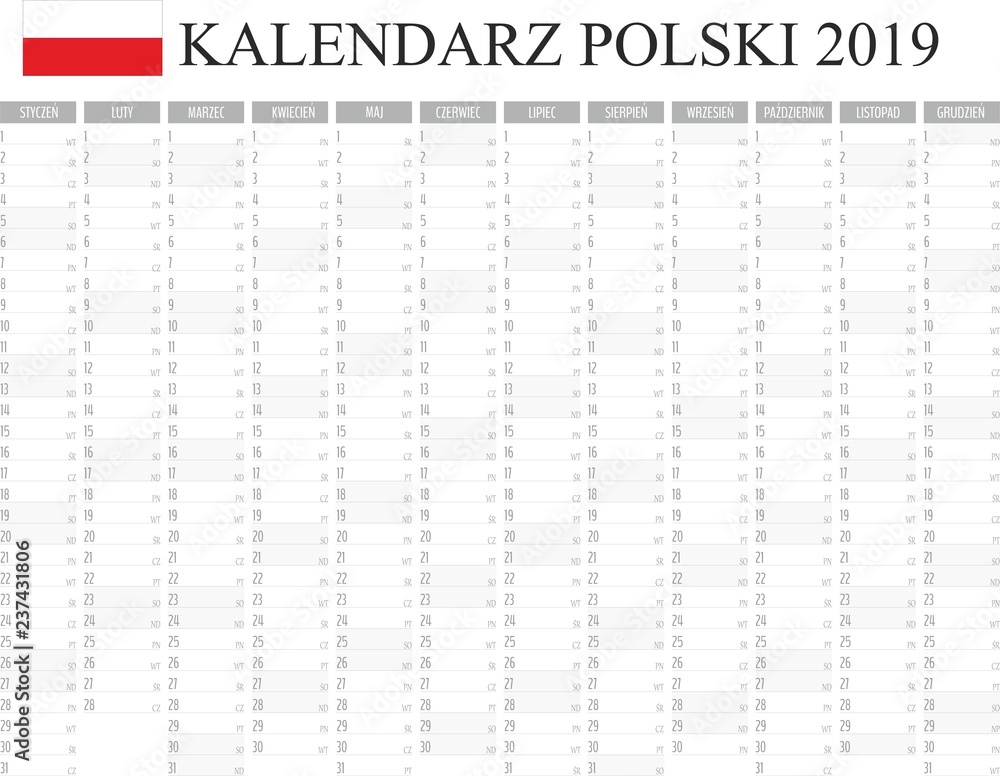 Kalendarz, planer 2019 rok język polski, kolor szary wektor  - obrazy, fototapety, plakaty 