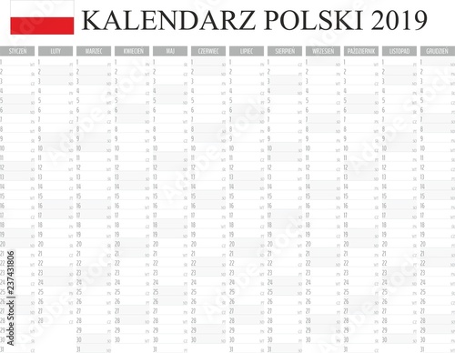 Kalendarz, planer 2019 rok język polski, kolor szary wektor 