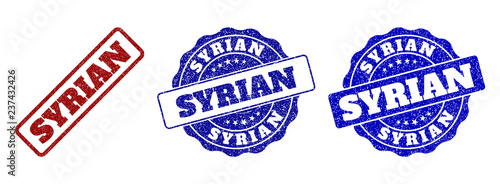 SYRIAN grunge stamp seals in red and blue colors. Vector SYRIAN watermarks with grunge effect. Graphic elements are rounded rectangles, rosettes, circles and text labels.